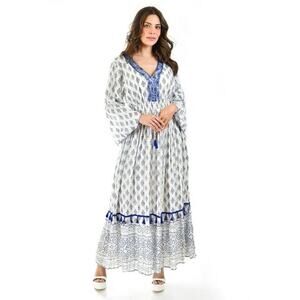 Me 2 Magic Women's White & Blue Floral‎ V-Neck Tassels Sequin Maxi Dress Size S